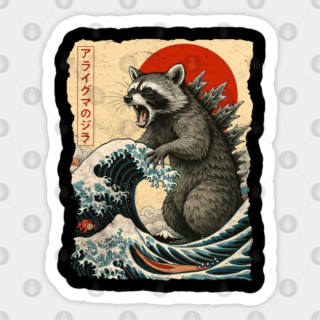 Funny Coonzilla Japanese Great Wave Raccoon Art Sticker by Luxinda